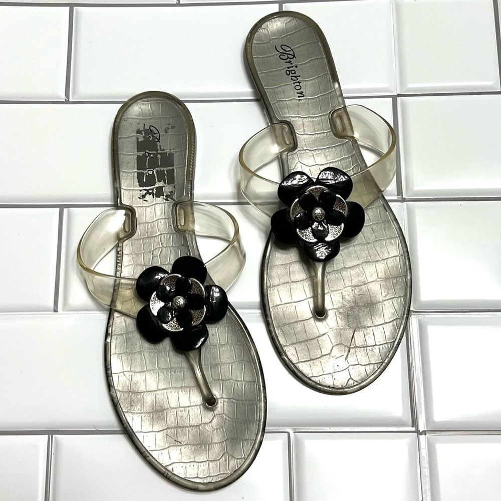 Brighton Jelly Flip Flop Thongs Sandals Silver Clear Black Flower Size 9 - 10